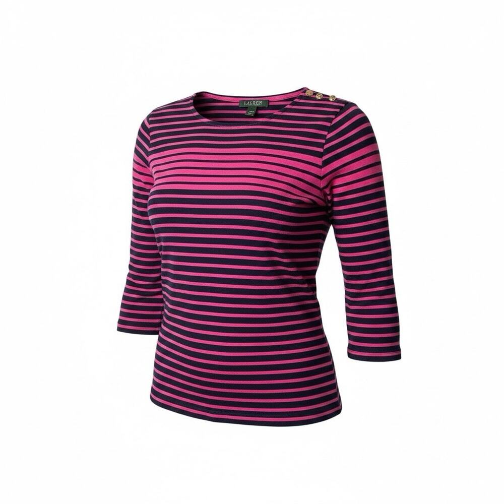 Lauren Ralph Lauren Pink Navy Striped Top Womens Large 3/4 Sleeve Gold Button